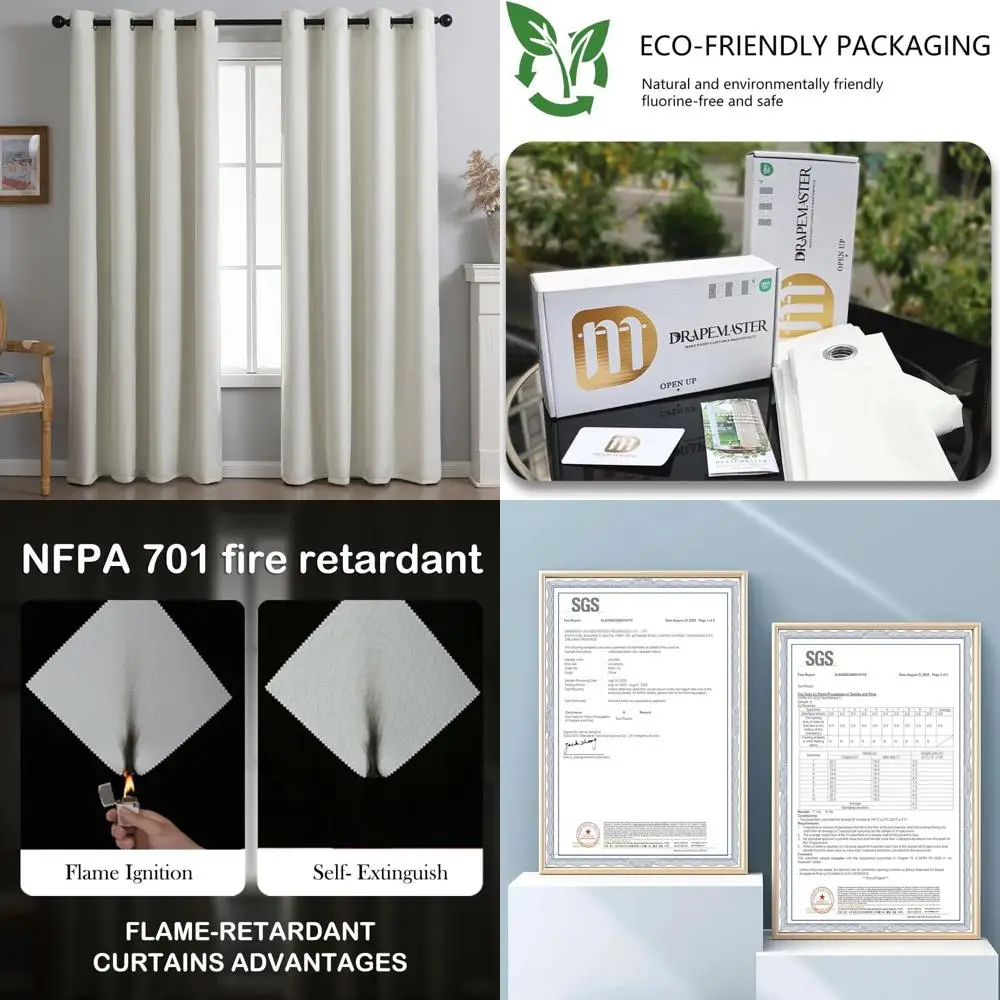 NFPA701 Konform feuerbeständig, fluorfrei, 100 % Verdunkelungsvorhänge, 52 x 96 Zoll, 2 Paneele, Weiß