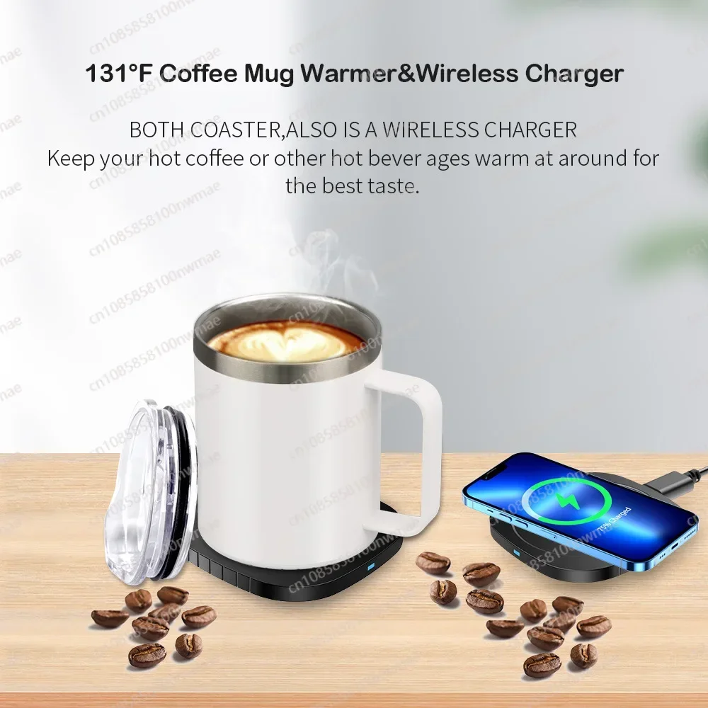 Double Layer 304 Stainless Steel Wireless Heating Coffee Cup 55 Degree Electric Heating cup 300ml Insulation 10W Fast Charging