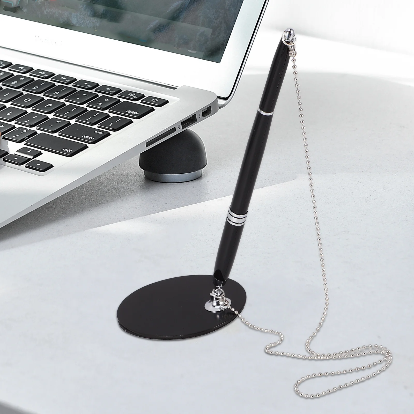 

Secure Pen Chain Holder Black Ink Signature Pen Reception Counter Stationery Holder Office Bank Retail Desk Accessories
