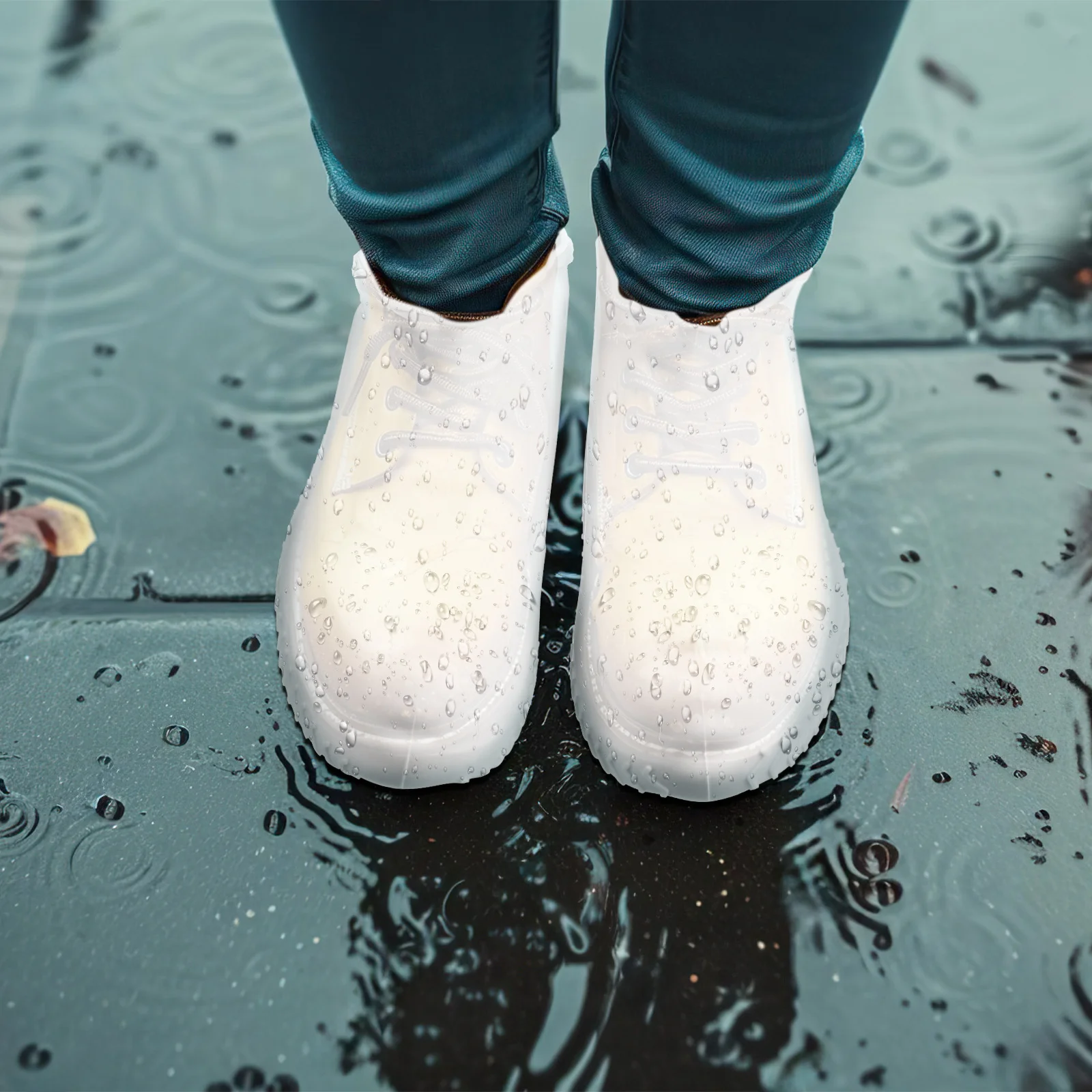 

2 Pairs White L Size Waterproof Shoe Covers Reusable Silicone Rain Boot Protectors Nonslip Outdoor Shoe Protector Covers
