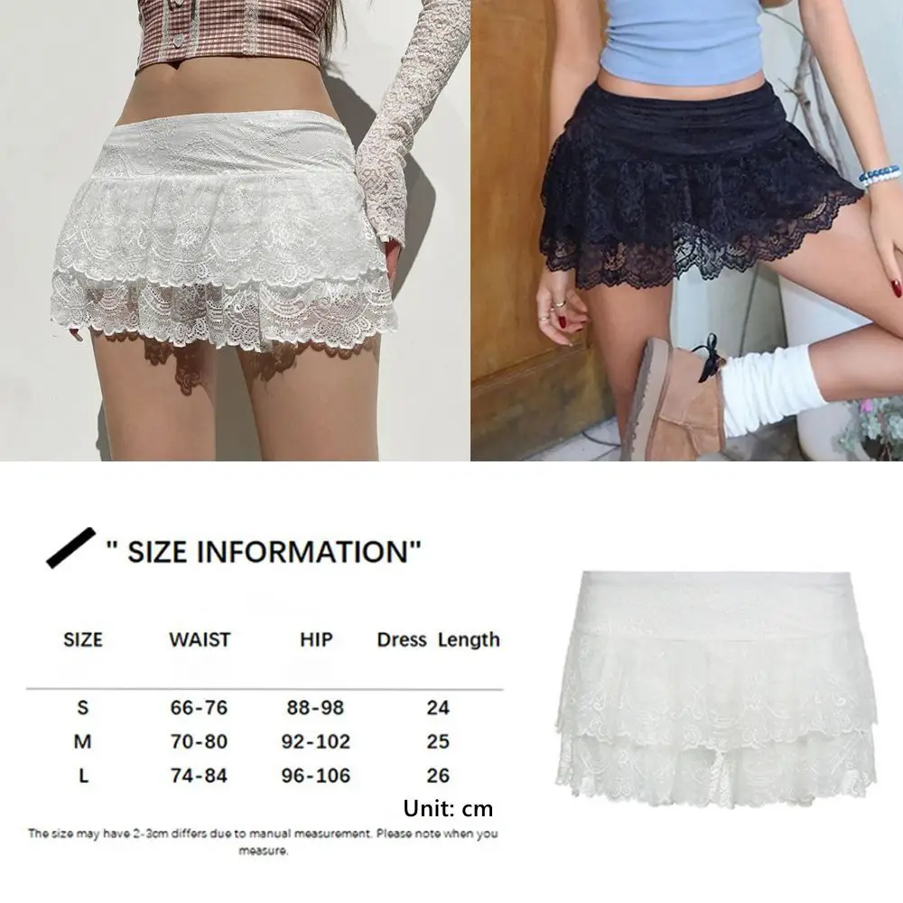 Embroidered Flower Lace Mini Skirt Y2K Streetwear Harajuku Ruched Skirts See Through Double Layer Lace Up Ruffles Skirt