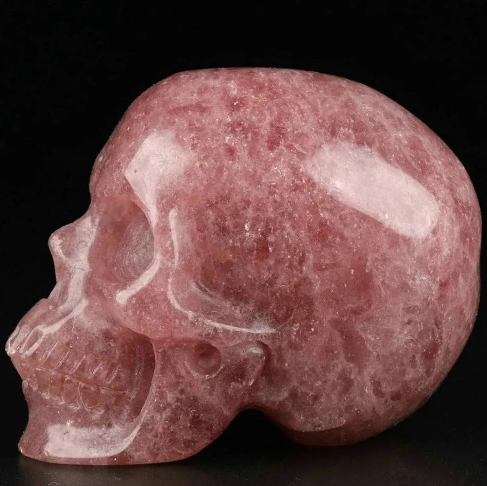 Crâne en cristal naturel de quartz fraise - Pierre de méditation sculptée à la main pour décoration sorcière et guérison - Pierre précieuse authentique