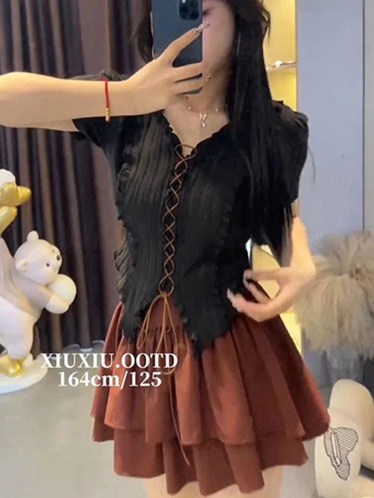 American Style Women Outfits 2 Piece Skirts Set V-Neck Ruched Lace Up Crop Tops + New Design Sweet Slim Tierred Pleated Skirt