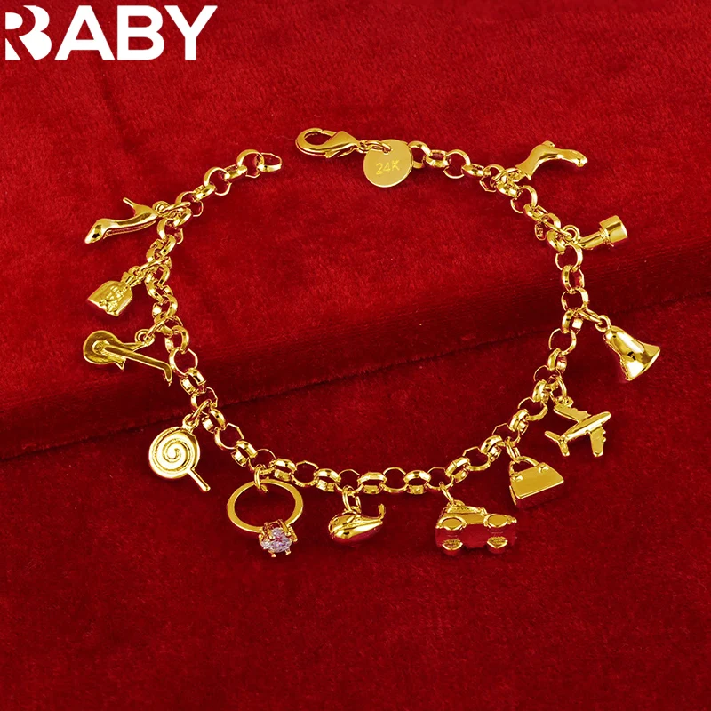 URBABY 24K Gold Cars/Bags/Airplanes/Bells/Guitars/High Heels Charm Pendant Bracelet Chain For Women's Fashion Party Jewelry