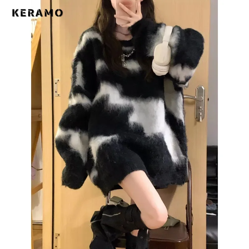 

2023 Autumn Winter Casual Tie Dye Y2K Knitting Long Sleeve Baggy Pullovers Korean Fashion Women Geometric Ladies Sweater