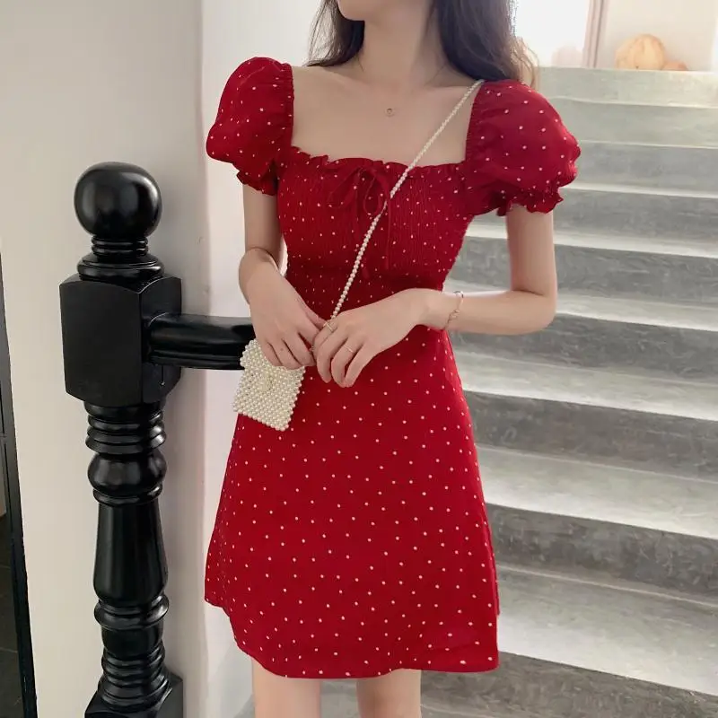 

2024 Summer French Chinese Bellflower Square Neck Vintage Women Corset Red Polka Dot Puff Sleeve Chiffon Comfortable Dress