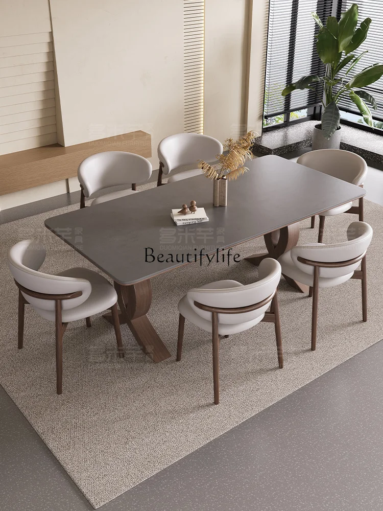 

Minimalist Gray Stone Plate Dining Tables and Chairs Set Small Apartment Nordic Ash Rectangular Rice Table