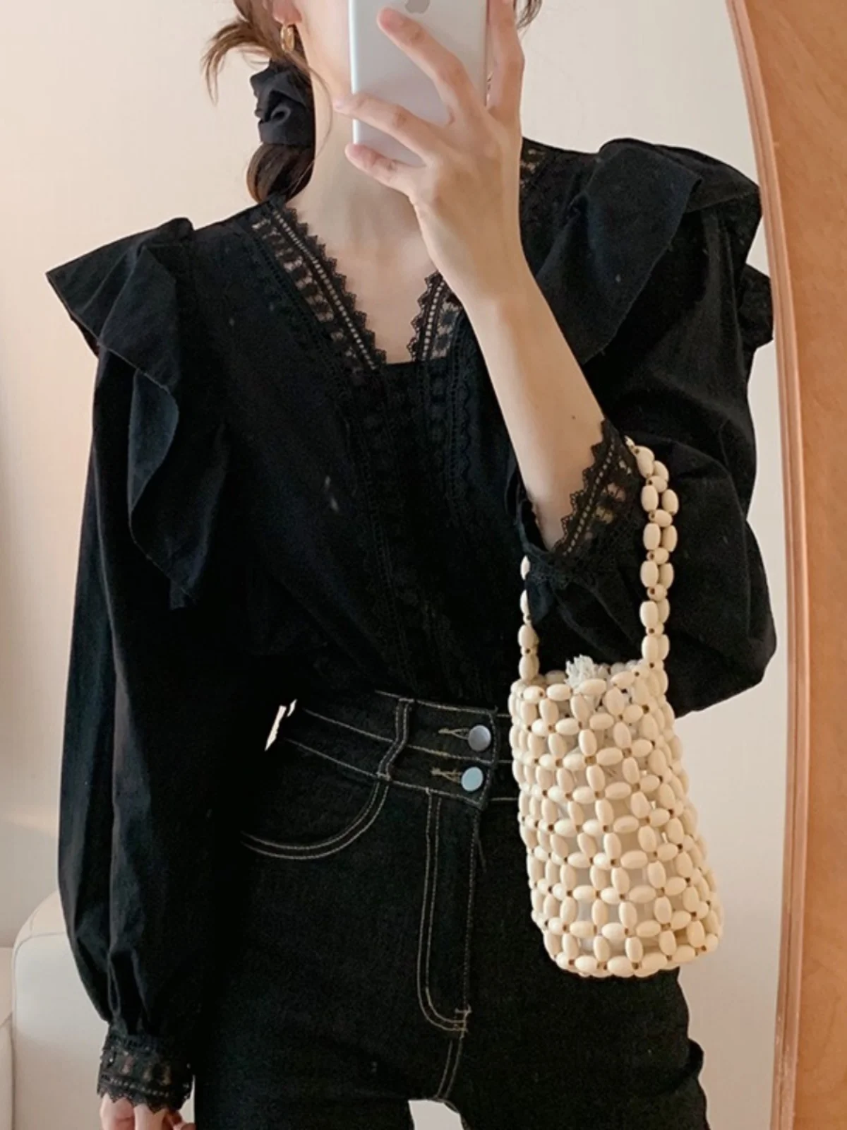 

Black Long Sleeve Lace Shirt Women's Spring Autumn Design V-neck Puff Sleeve Regular Length Commute Style Pure Color Polyeste...