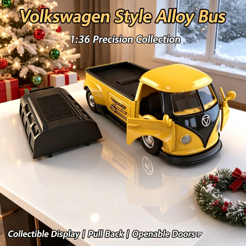 New Old School Retro Bus Alloy Car Model,1:36 Pull Back Diecast Vehicle, Openable Doors & Separable Sections, Authentic Vintage