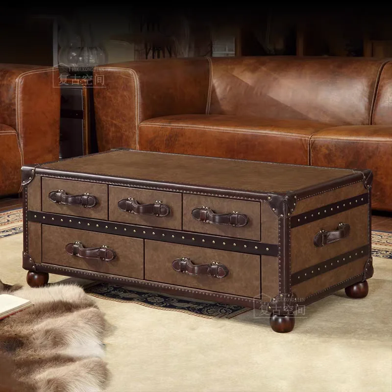 Mesa de centro estilo europeu com superfície de couro cera vintage, villa americana sala de estar charuto recepção mesa de chá