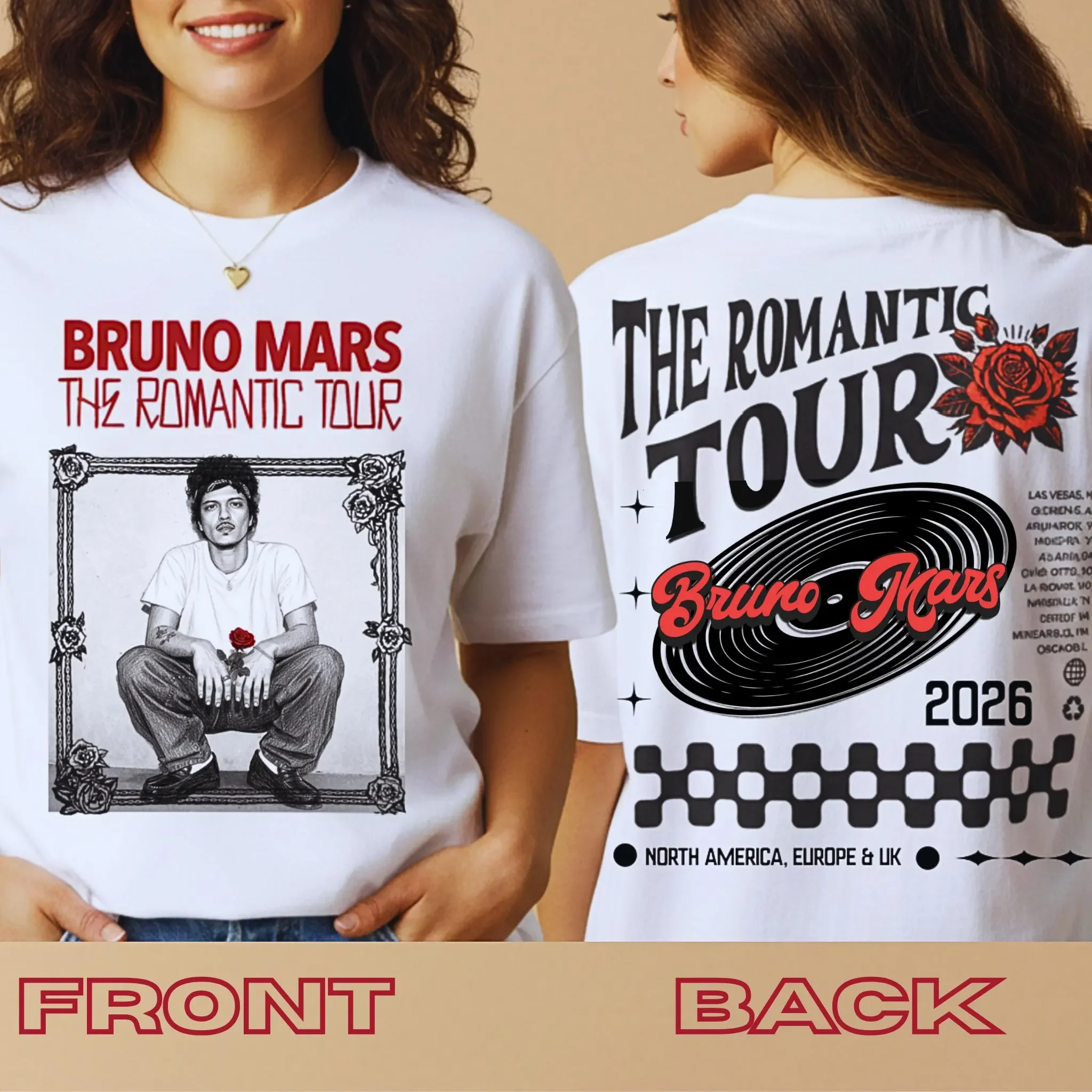 T-shirt de la tourn�e romantique de Bruno Mars 2026, date de la tourn�e sur le dos, t-shirt en coton double face, confortable, respirant, de haute qualit�