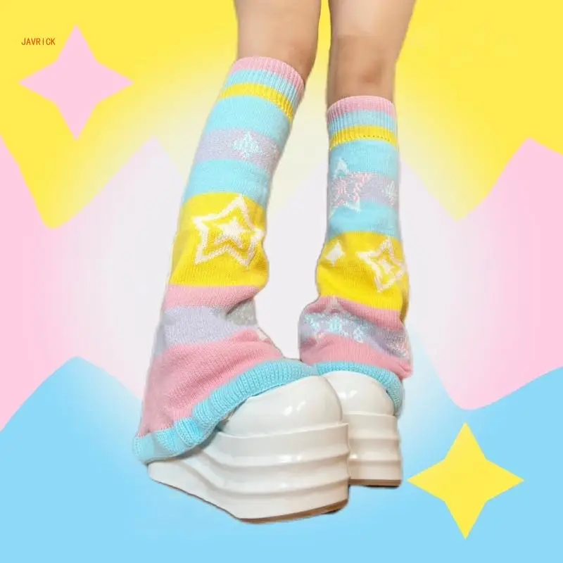 Candy Color Rainbow Reversible Flared Leg Warmers with Sweet Star Pattern for Women Aesthetic Knitted Foot Covers Socks