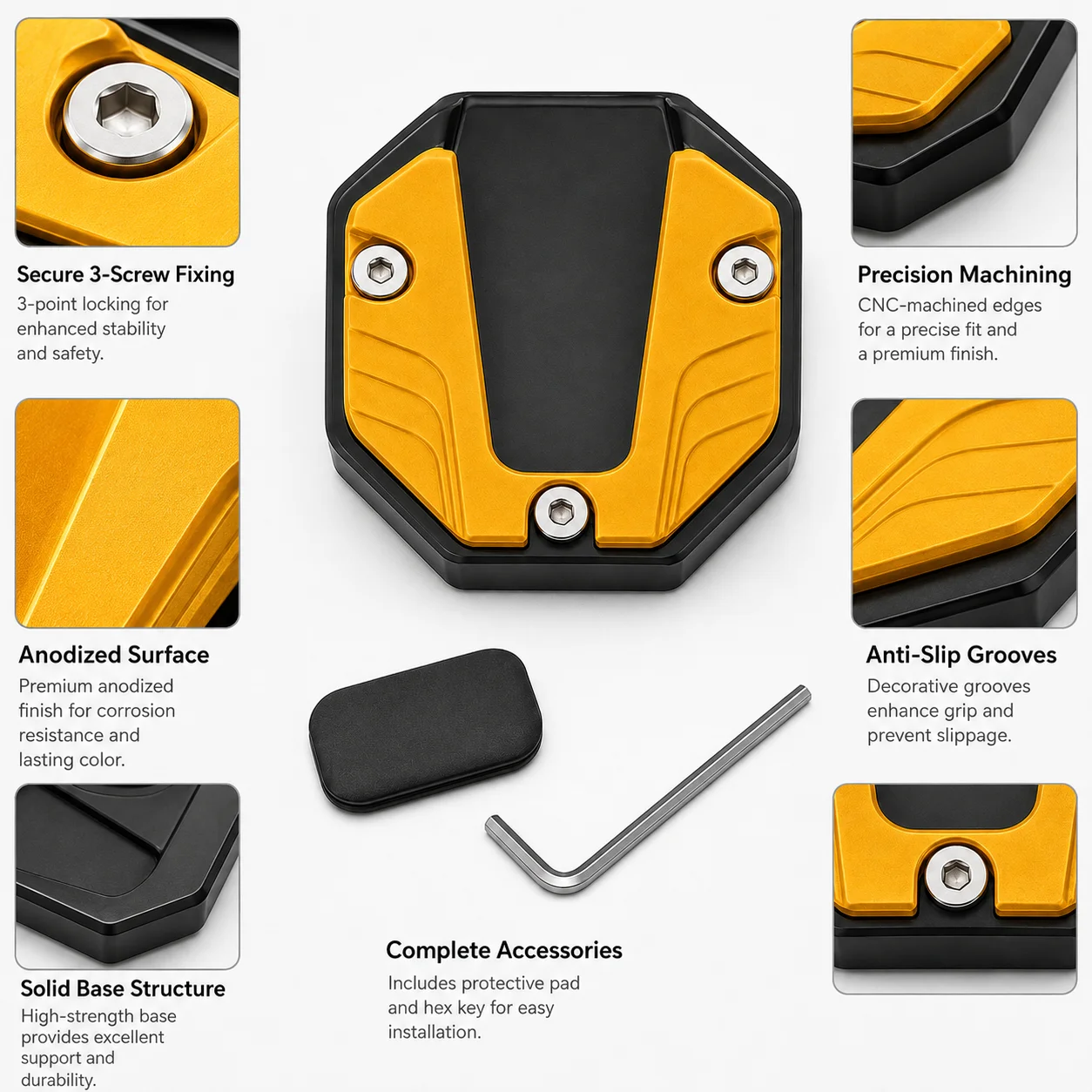 Motorcycle Kickstand Pad, CNC Aluminum Side Stand Enlarger, Anti-Slip Support Plate, Motorcycle Parking Accessories