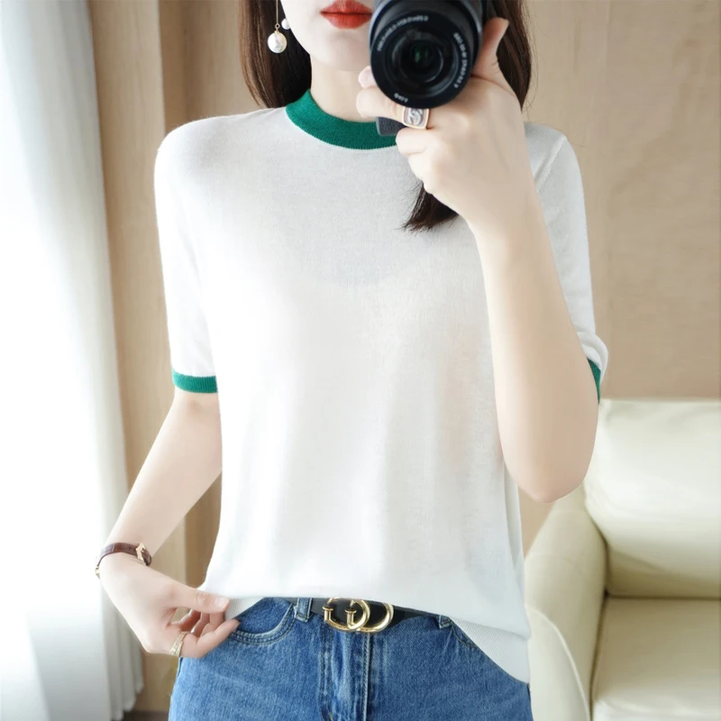 

2023 New Pullover Round Neck Contrast Short Sleeve Worn Wool Knit Shirt Women's Summer Thin Fashion Inner Wear T-shirt Top