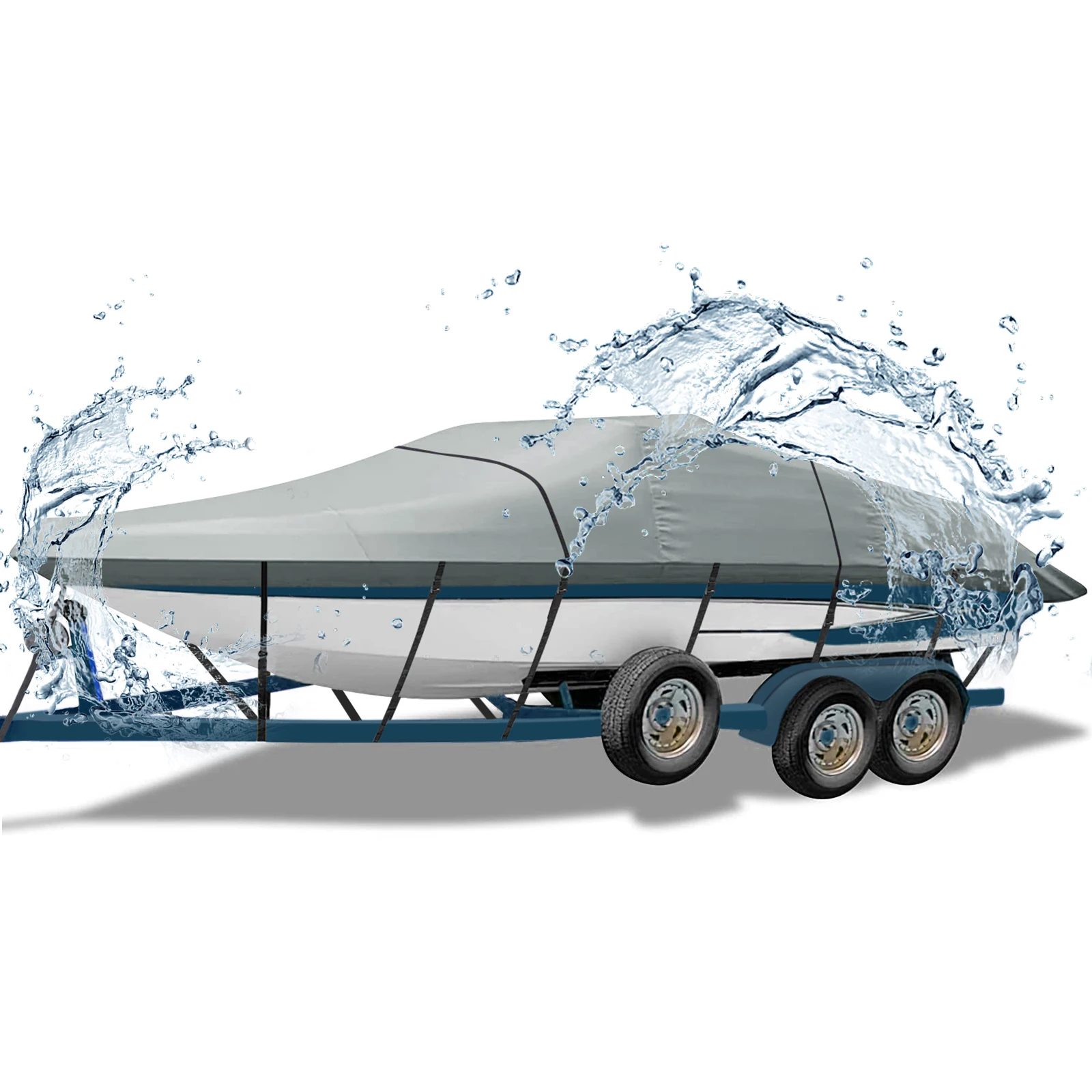 Trailerable Boat Cover 100% Waterproof UV Tear Resistant for V-Hull Runabout Bass Fish Ski Boats with Reinforced Straps