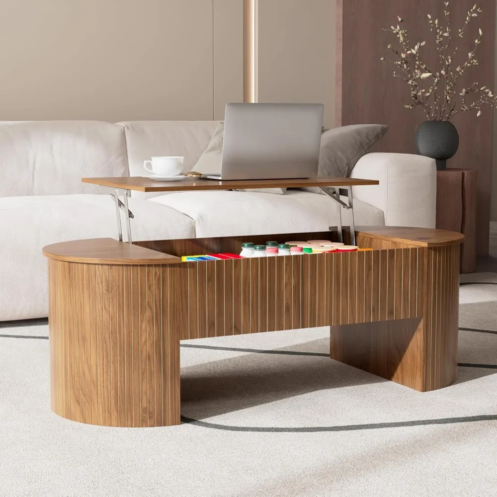 ミッドセンチュリーモダンな楕円形コーヒーテーブル、リフトトップと隠し収納付き、47インチの大型リビングルーム家具