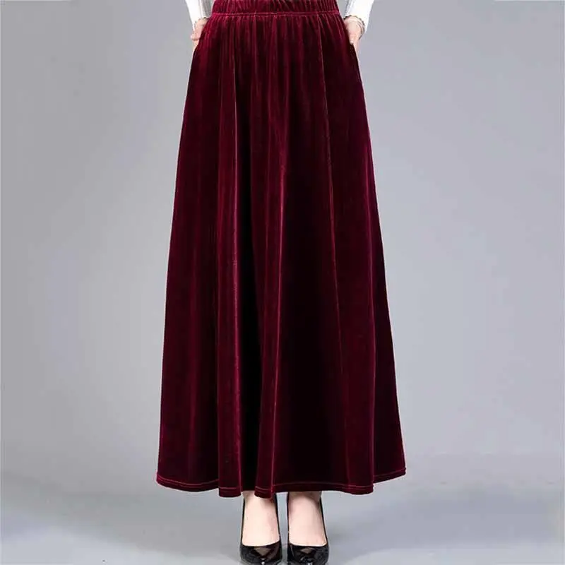 

Gold Velvet Skirt Women Spring Autumn New High-waisted Long Temperament A-line Skirt