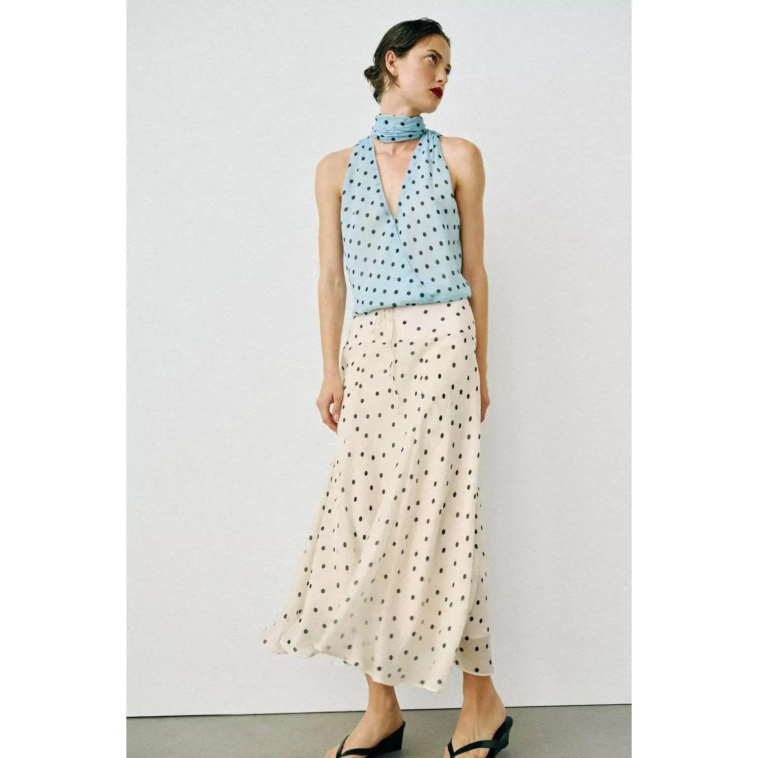 Retro Polka Dot Slim Fit Belted A-Line Skirt Versatile High Waist Polyester Fiber Iron Free Summer Collection Chinese Manufac...