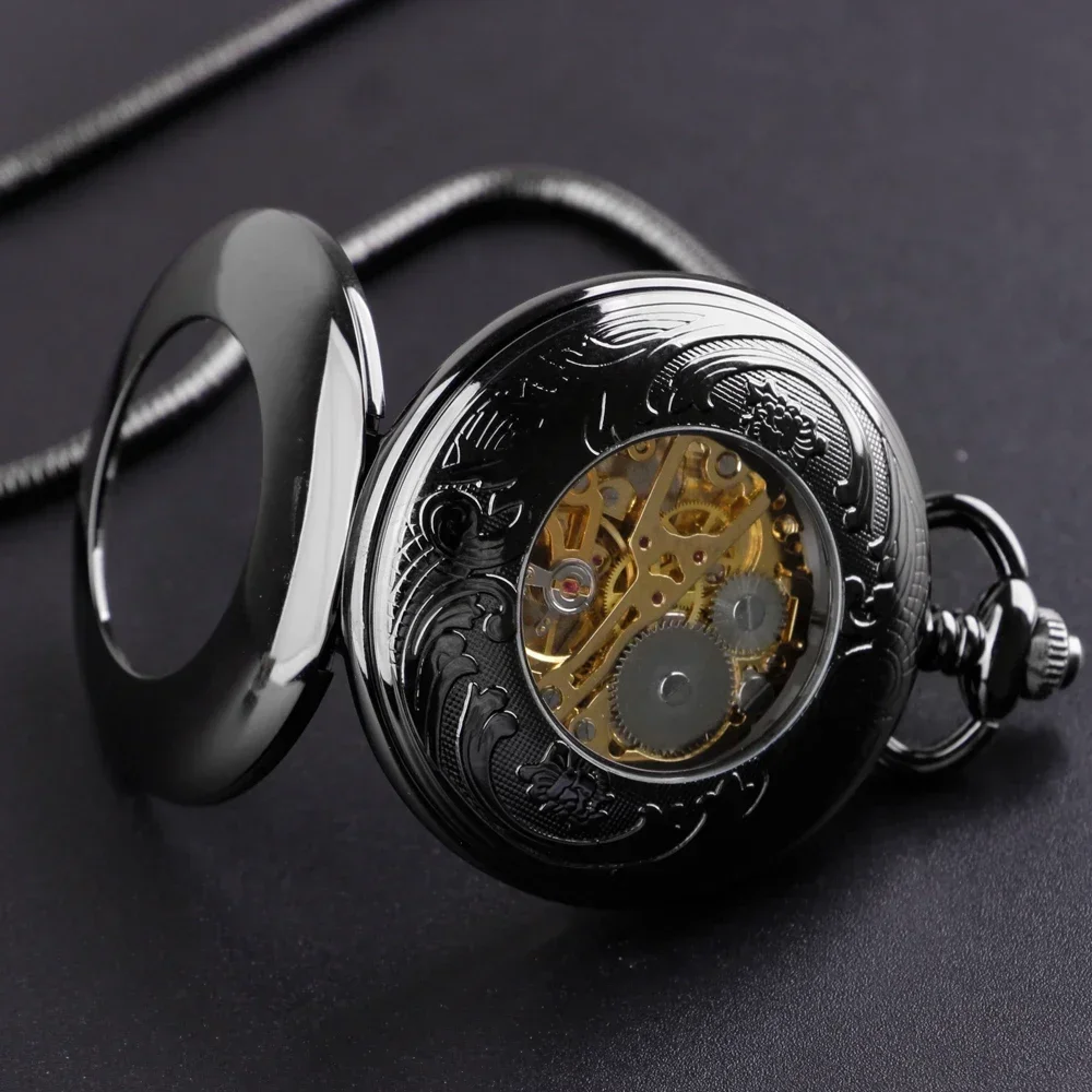 Reloj de bolsillo Retro negro para hombre, colgante mecánico bobinado a mano, relojes Fob, medio cazador, regalo para hombre, PJX1583