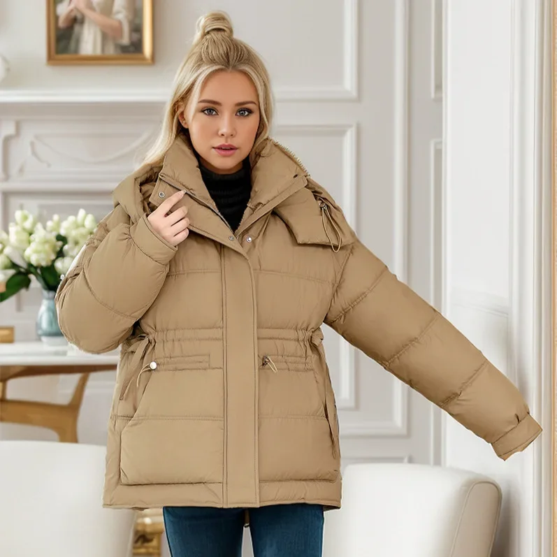 Jaqueta puffer monocromática com capuz para mulheres, gola, encaixe solto, jaqueta de algodão acolchoada, jaqueta grossa quente, inverno, elegante, 2024