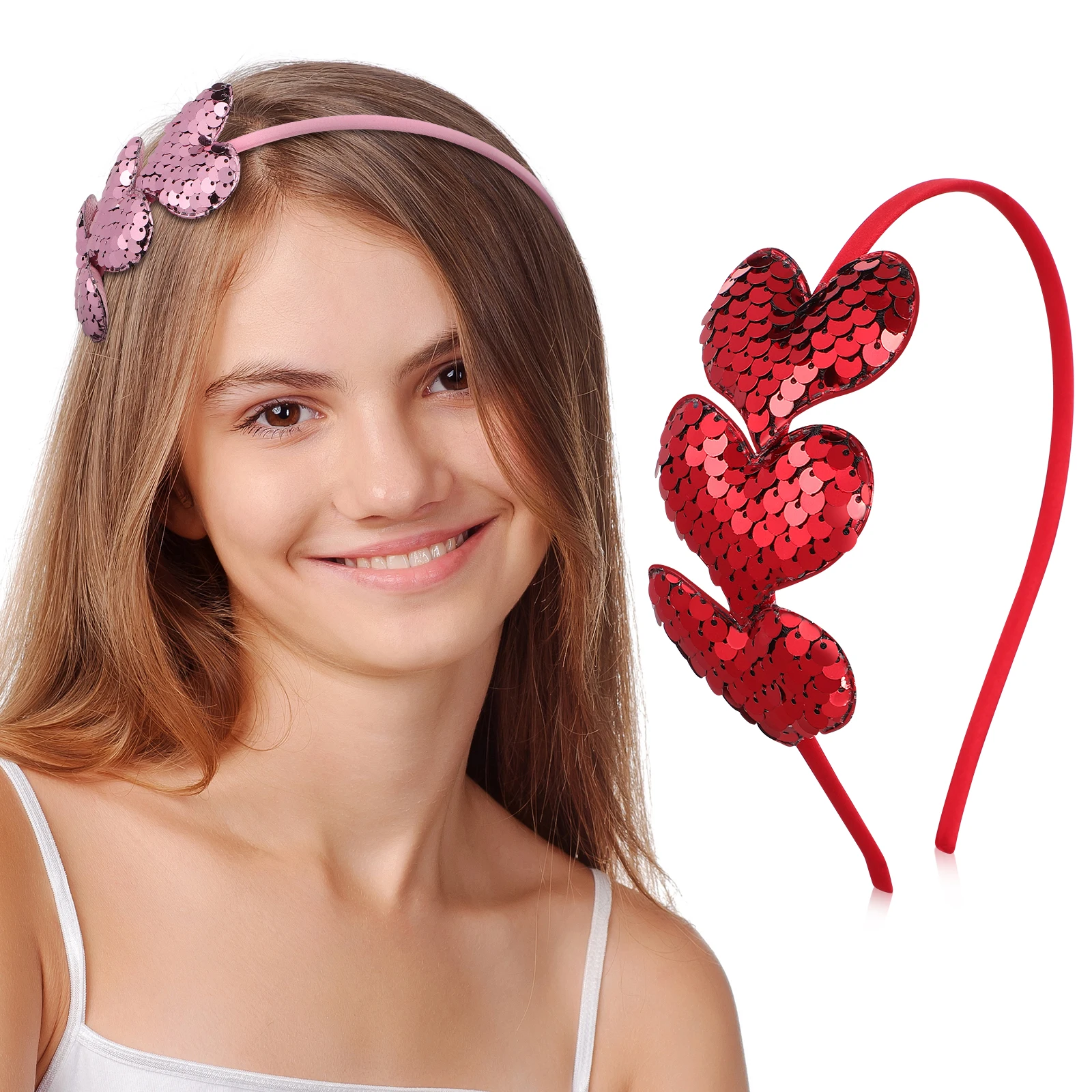 

2pcs Heart Shaped Sequin Headbands for Women Glitter Valentine Hair Accessories Comfortable Material Festive Occasions