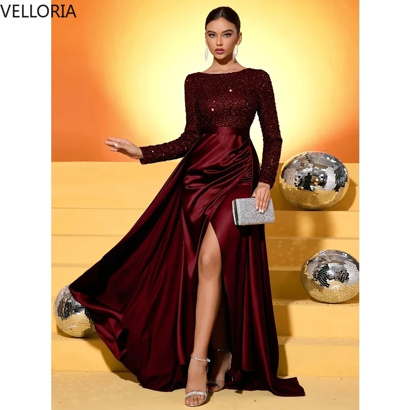 Elegant Burgundy Long Sleeve Party Dress Sequin Top Satin Evening Gown Custom 2025 Ball Gown Vestdos De Fiesta Customized