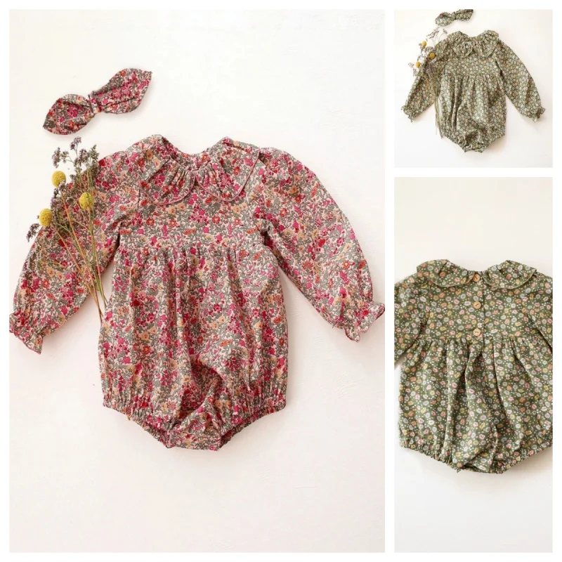 Newborn Baby Girl Hoodie With Headband Doll Collar Floral Jumpsuit Baby Clothes