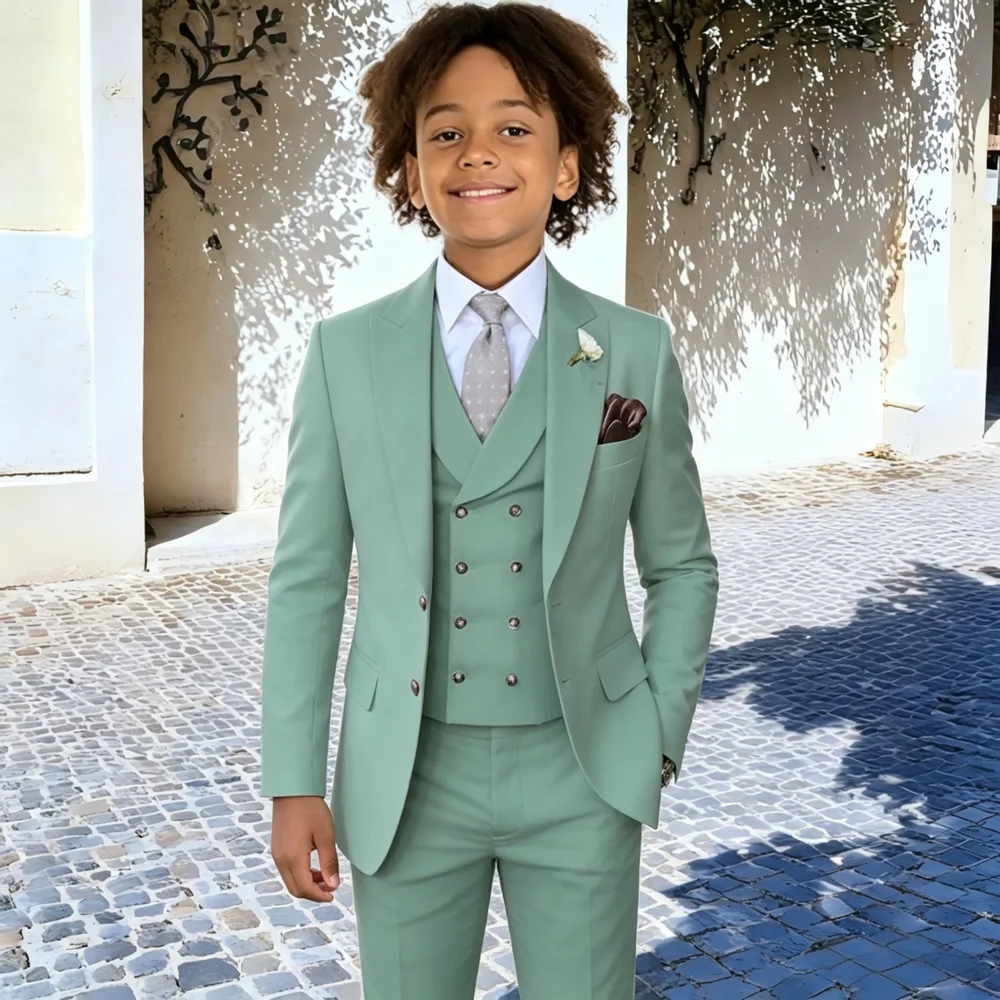 

Casual Light Green Boys Tuxedo 3-piece Blazer Pants Vest Peak Lapel Wedding Boy Suit Formal Custom 2-16 Years Old Child Outfit