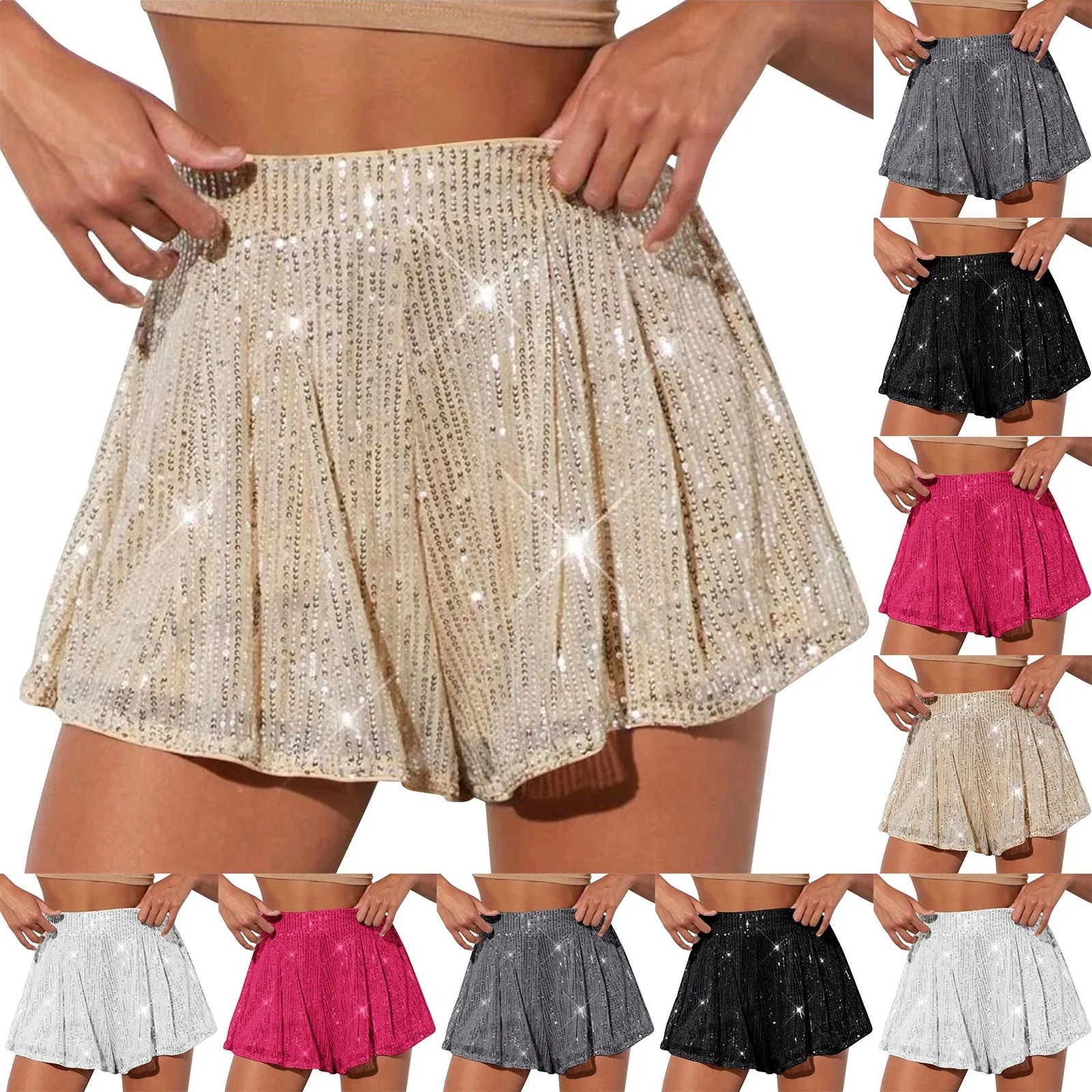 المرأة بلون عادية عالية الخصر سباركلي السراويل موضة عادية لامعة الترتر سراويل قصيرة كلوبوير بريق السراويل السراويل الساخنة #5