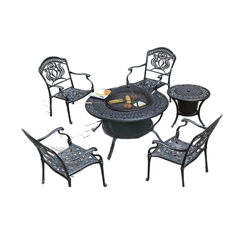 Outdoor barbecue table, charcoal-grilled courtyard iron stove table, outdoor leisure cast aluminum barbecue table and chairs