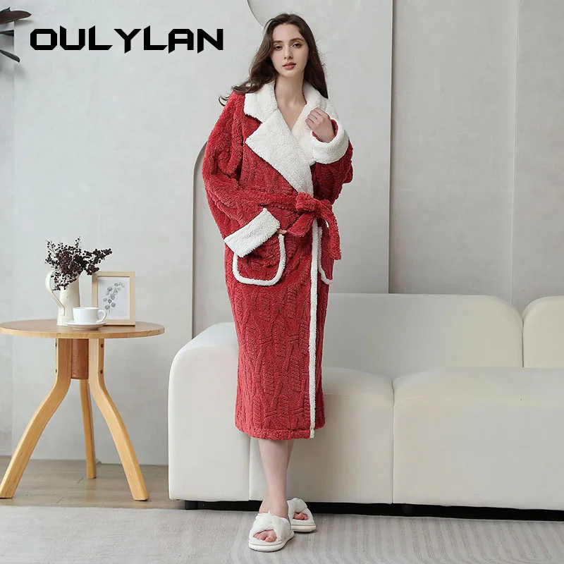 Coral Fleece Long Robe Kimono Gown Winter Warm Flannel Nightdress Bathrobe Casual Sleepwear Intimate Lingerie Thicken Homewear