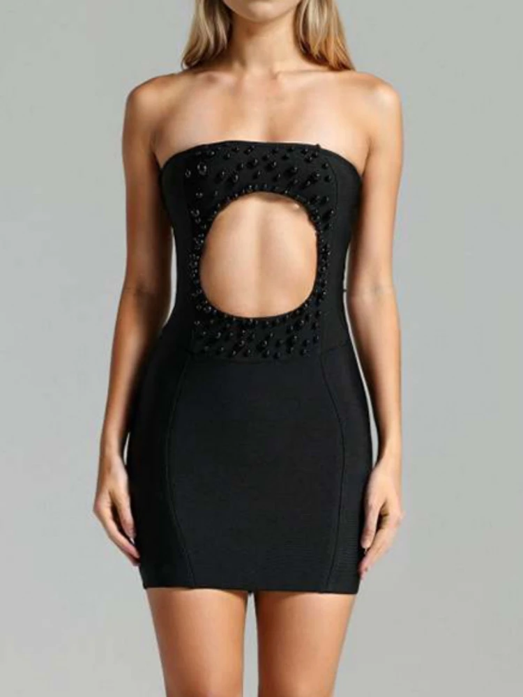 Sexy träger los aus geschnitten Perlen Verband Kleid Frauen schwarz ärmellose rücken freie Mini Bodycon Kleider elegante Abend Party Kleider