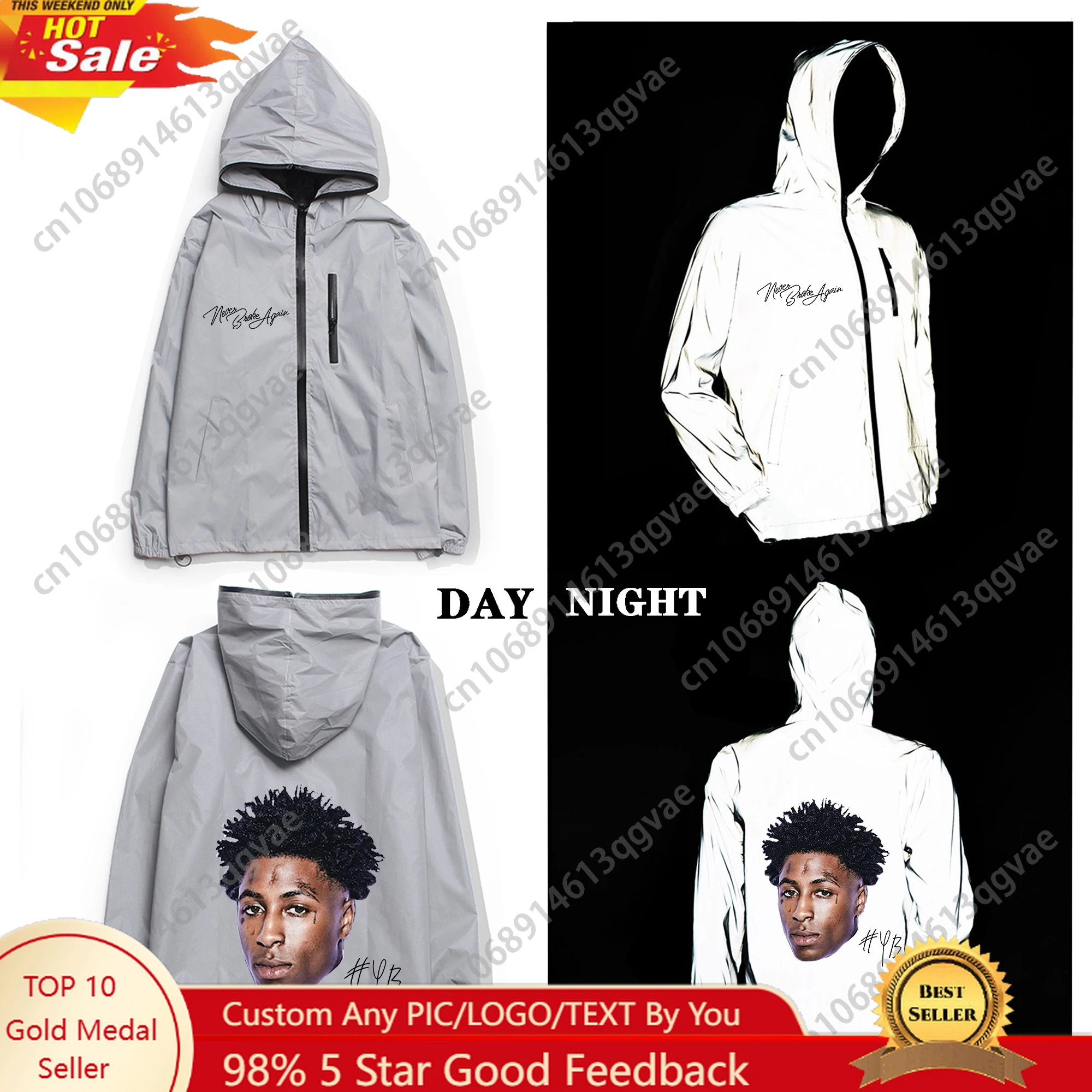 

Rapper YoungBoy Never Broke Again Reflective Jacket Mens Womens Coat Hooded Windbreaker Pocket Jackets Cycling Custom Hoodie