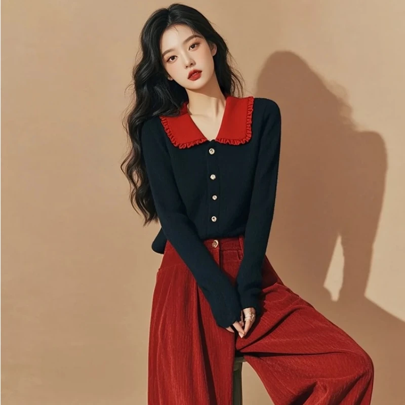 2 Pieces Set , Spring Fall Women Ruffles Patchwork Knitted Sweater High Waisted Corduroy Pants , Woman Red Trousers