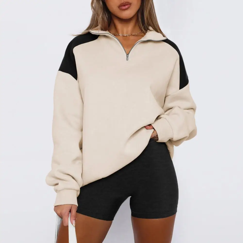 

Casual Zipper Sweatshirt Stylish Women's Street Style Sweatshirt with Turn-down Collar Half Zipper Detail Loose Fit for Spring