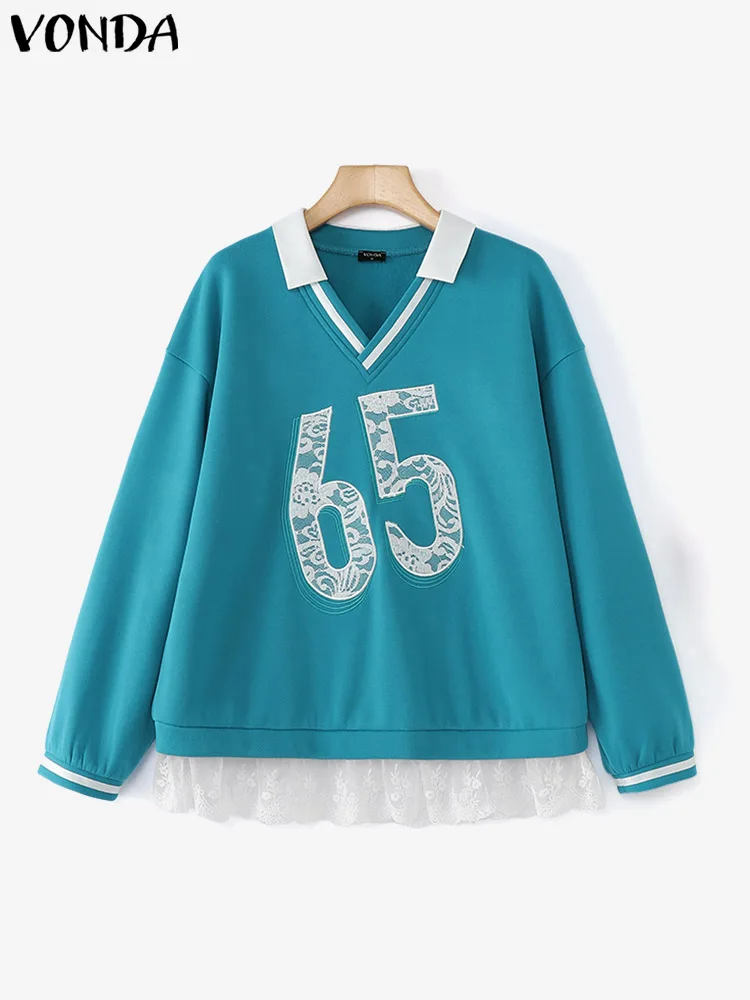 

VONDA Casual Women Sweatshirts Lace Patchork Hoodie Long Sleeve Blouse 2025 Streetwear V-Neck Pullovers Oversized