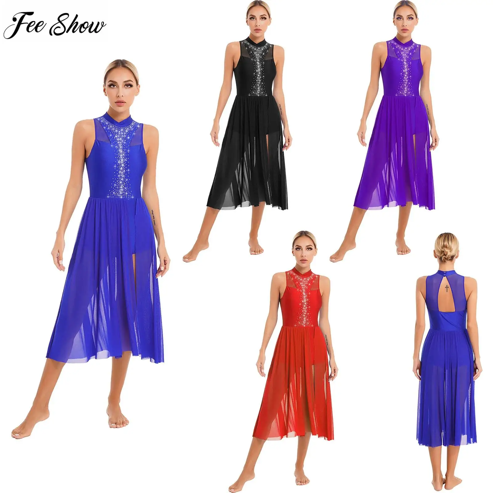 Womens Lyrical Dance Performance Costume Sparkly Rhinestone Sleeveless Dress Mock Neck Back Keyhole Side Split Dresses