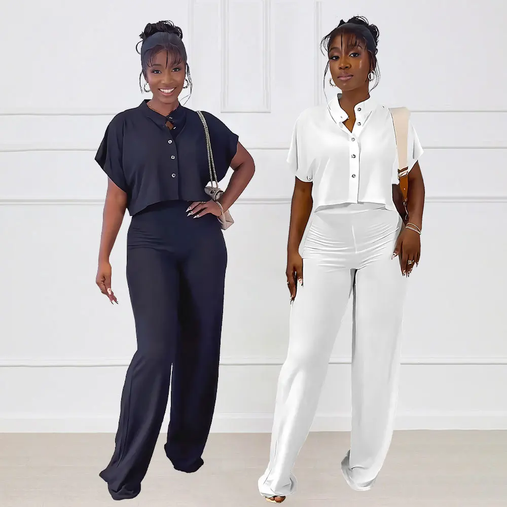 

Spring and Summer Women Set All-match Short Cardigan Top and Solid Color Straight Leg Pants Set Loose Fit Outfits Blouse Suit