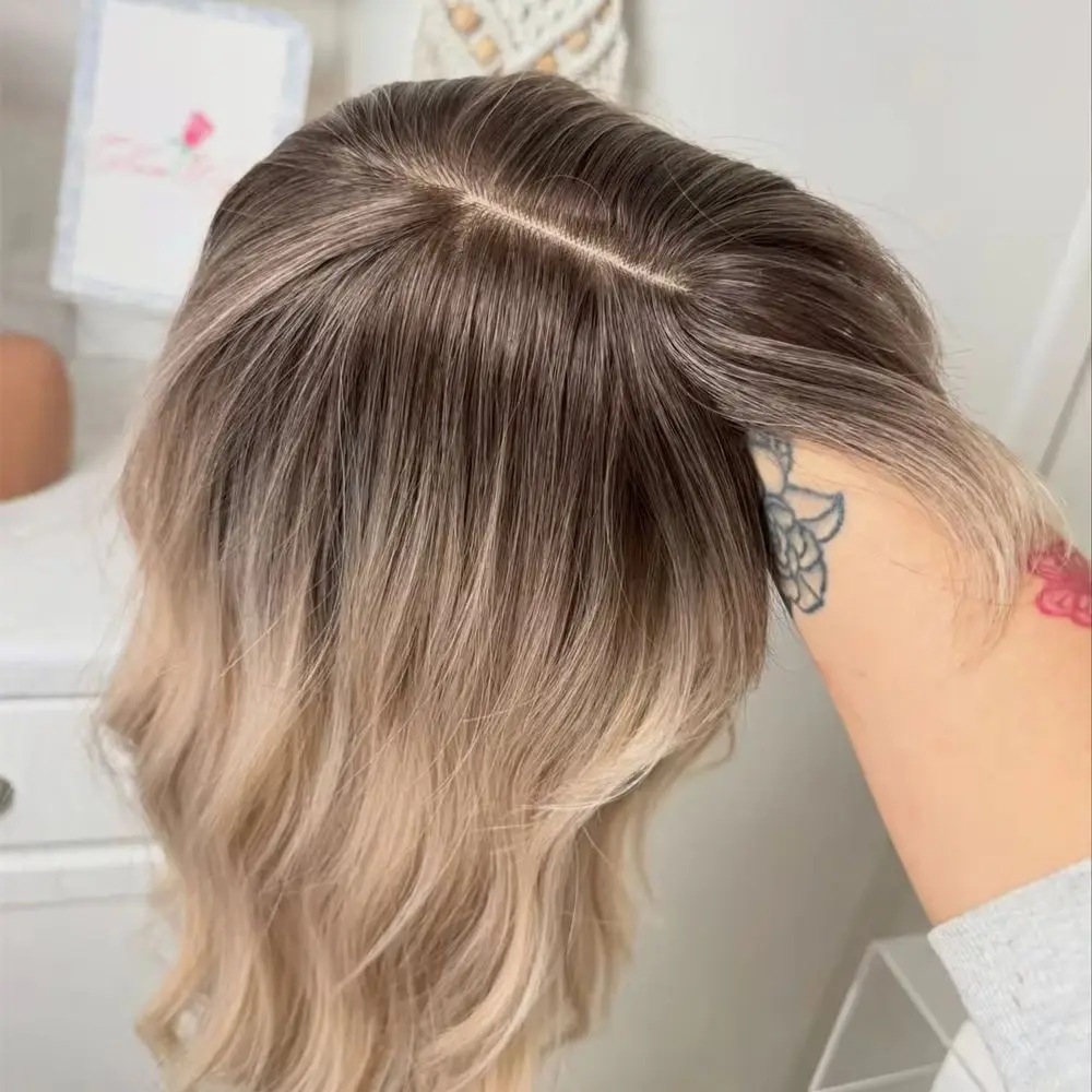 28 Inches Ombre Ash Blonde Brown Highlights Synthetic HD Lace Front Wig with Bangs Woman Wigs Small Large Size Cap Party Cosplay