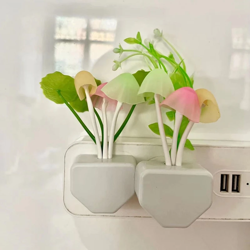 2 Buah Lampu Dinding Lampu Malam LED Jamur dengan Lampu Kamar Tidur Hemat Energi Daun Gulma Steker UE