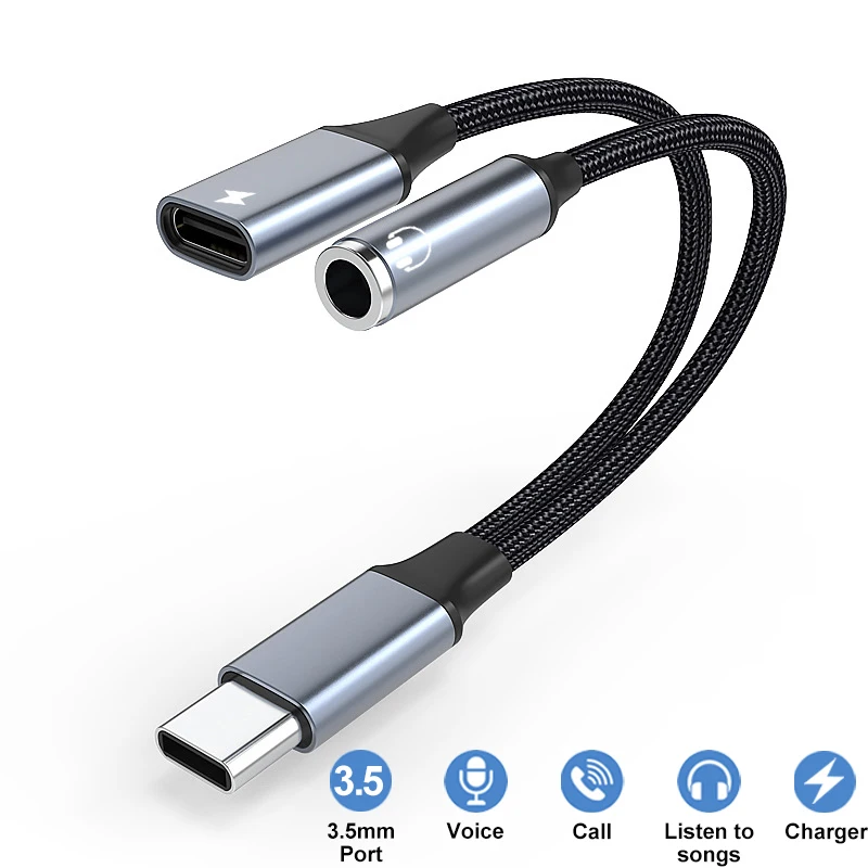 2 in 1 USB C To 3.5mm Headphone Jack Adapter Type C PD 60W Charge Audio Aux Adaptor For iPhone 15 Series Samsung Xiaomi Huawei