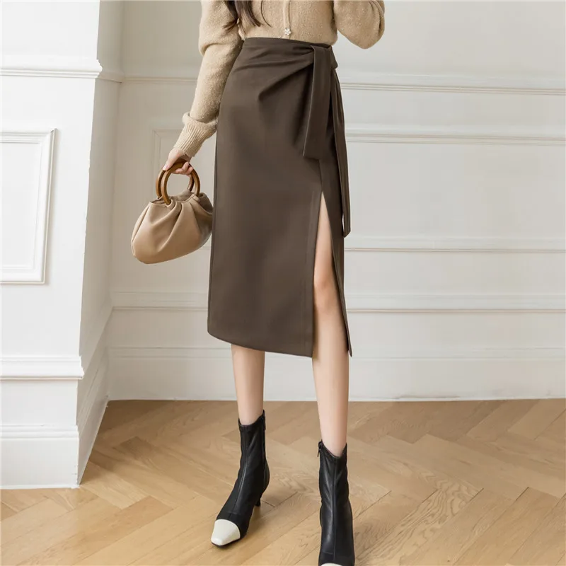 

New Korean Office Lady Elegant Lace-up Slit Midi Skirt Women Autumn Winter Fashion High Waist Woolen Skirts Woman Wool Skirt