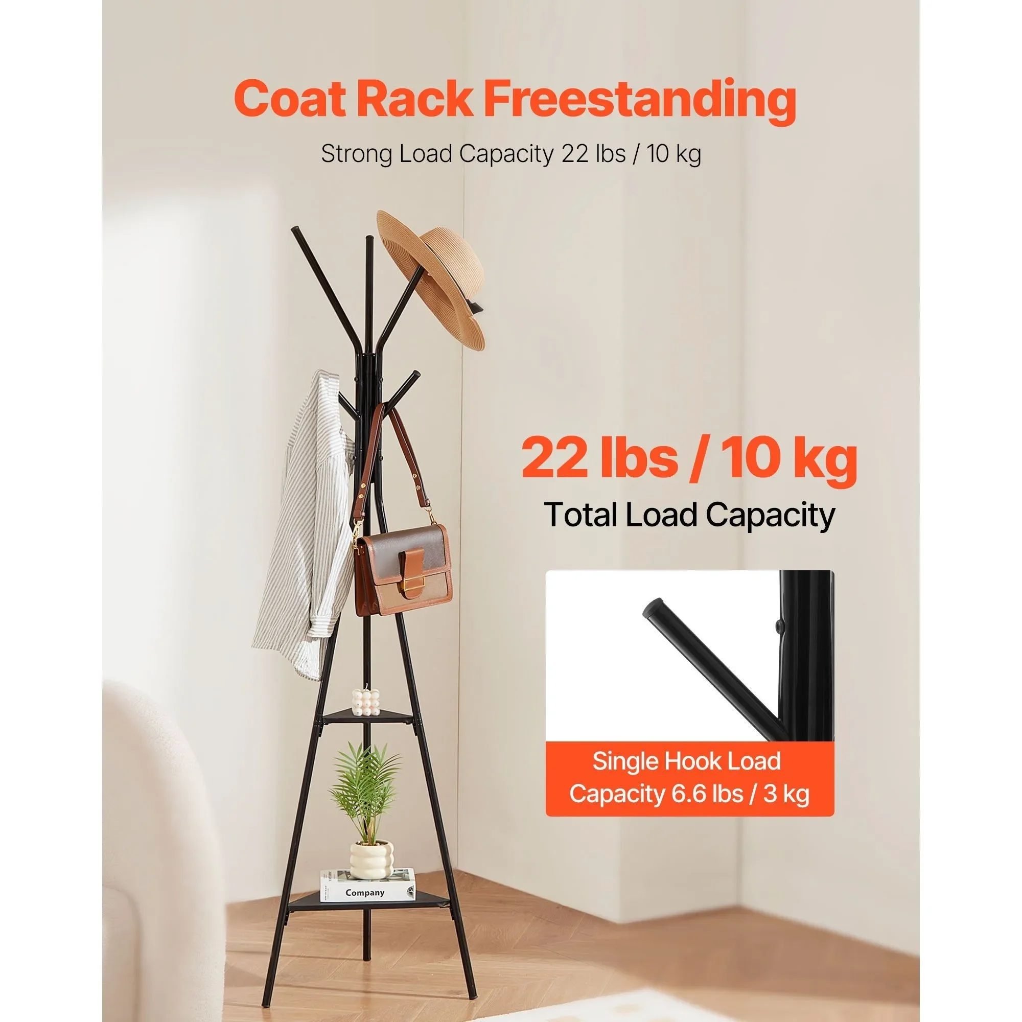 

Coat Rack Freestanding Coats Rack Stand with 2 Shelves & 6 Hooks
