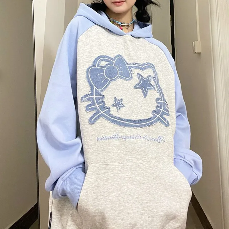 

Sanrio Hello Kitty Trendy Denim Patchwork Pattern Hoodie Women New Cute Raglan Hooded Sweatshirt College Style Sweet Casual Top