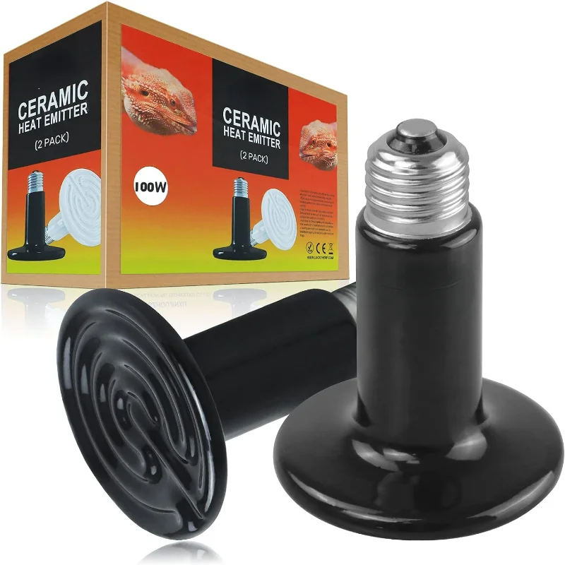 LUCKY HERP Emisor de calor de cerámica de 100 W, bombillas de calor para reptiles, lámpara de calor de cerámica para reptiles, anfibios, pollos, perros, gatos (paquete de 2)
