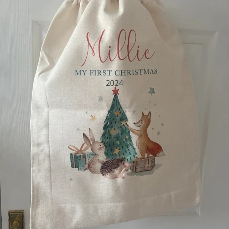 personalized Forest Woodland Animal Santa Claus sack Merry Xmas eve Holiday baby boy girl 1st First Christmas gift Toy stocking