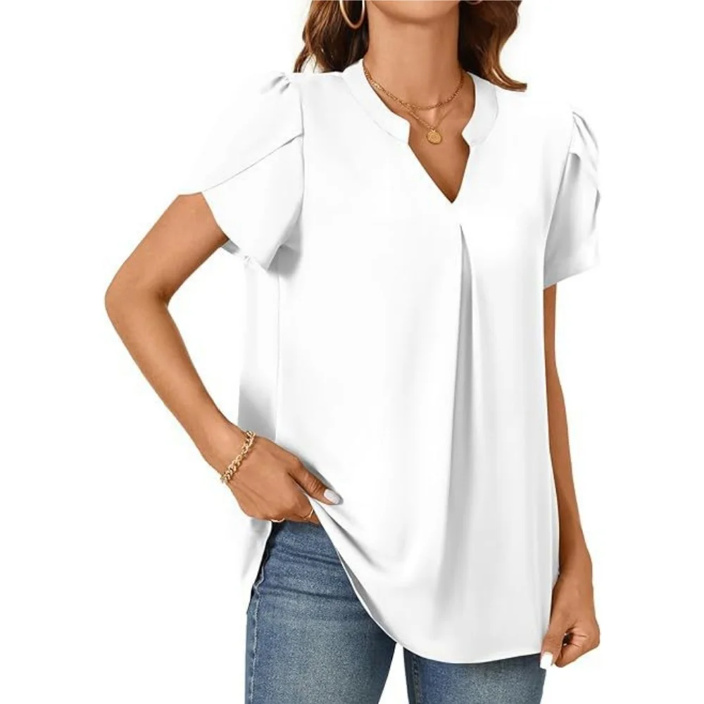 Blusa de manga curta feminina, blusa com decote em v, camisa branca, moda senhora do escritório, verão, 2022