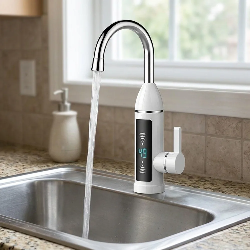 for White Electric Faucet for instant Hot Water Digital Temperature Readout 360 Degree Swivel Arm 22 12 28cm Easy Setup Design
