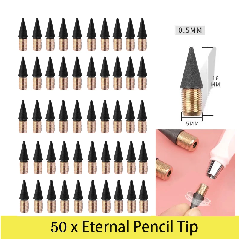 50Pcs Pencil Inkless Tips Nib Pen Everlasting Writing Nibs Tip Replacement Pencils Eternal Refills Replacements Infinite