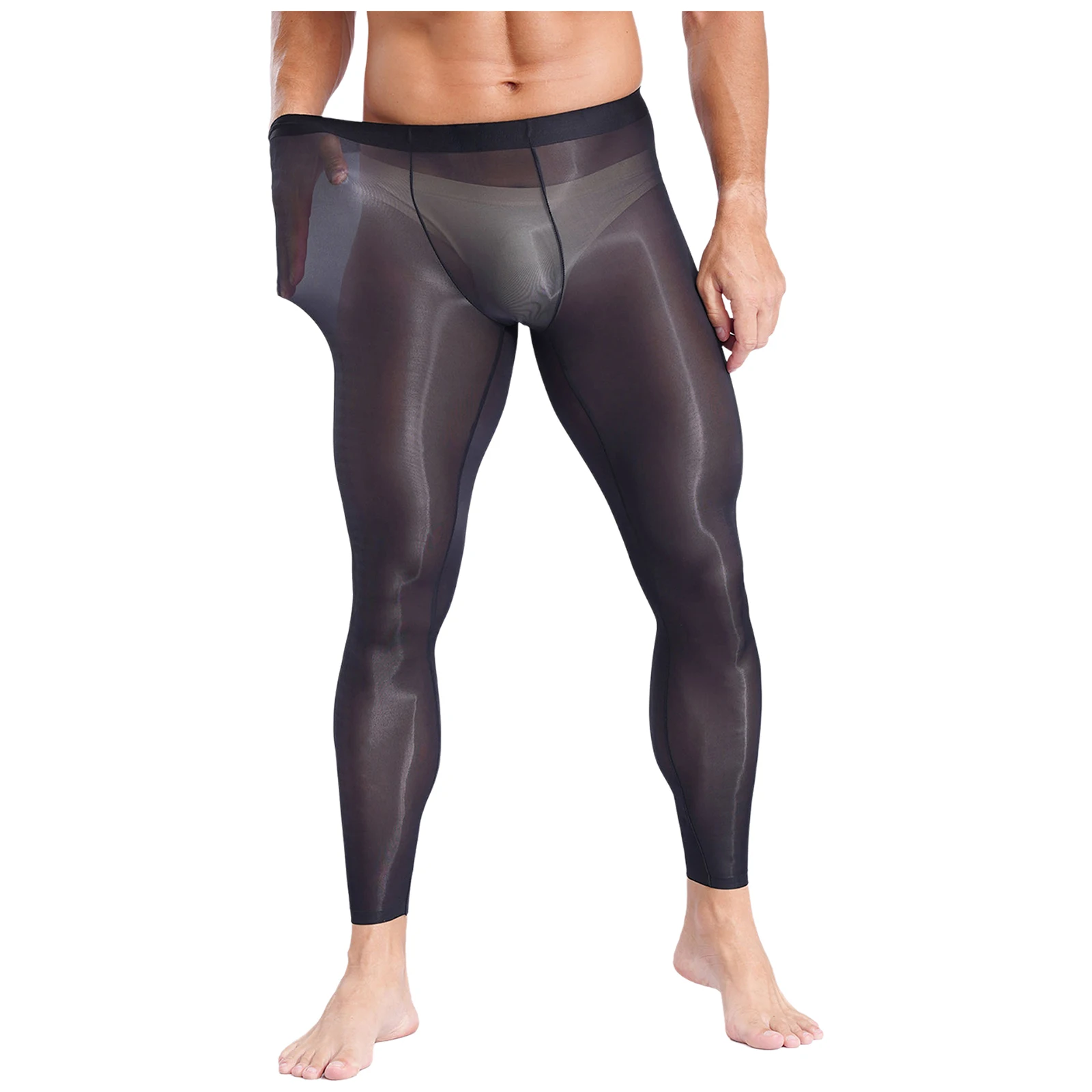 Mens Stretchy Ultra-Thin Leggings Ice Silky Yoga Fitness Leggings Bulge Pouch Tights See Through Pants for Gym Sports Workout